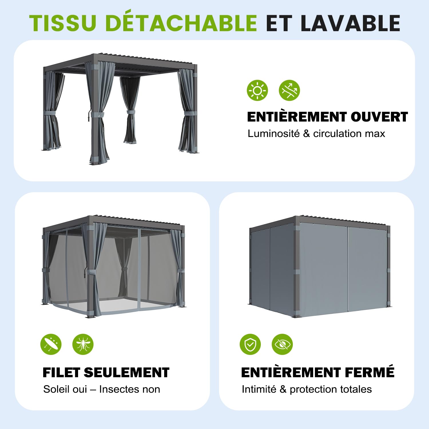 Pergola Bioclimatique 3x3 m, Pergola en Aluminium et Acier avec Toit à Lamelles Orientables, Tonnelle de Jardin avec Rideaux Étanches et Moustiquaires, Noir