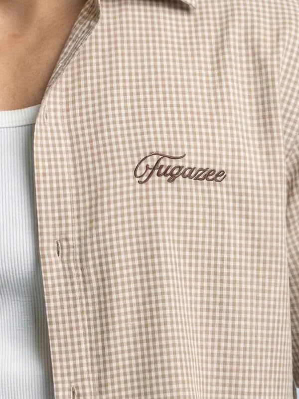 Image of FUGAZEE Sand Cotton Gingham Cropped Short Sleeve Shirt