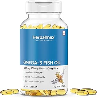Herbalmax Omega-3 Fish Oil Capsules 1000mg (60 Capsules) | 180mg EPA & 120mg DHA | Supports Heart, Brain, Joint & Eye Heal... Price In India