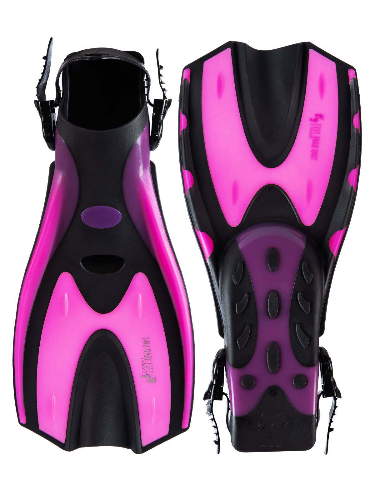 Two Bare Feet Adjustable Diving Fins – Swim, Snorkel & Scuba Fins for Adults – Full Foot Flippers with Easy Strap – Ideal for Holidays, Pool, Sea & Water Sports (F70 Pink, S / M (UK 4.5 - 8.5))