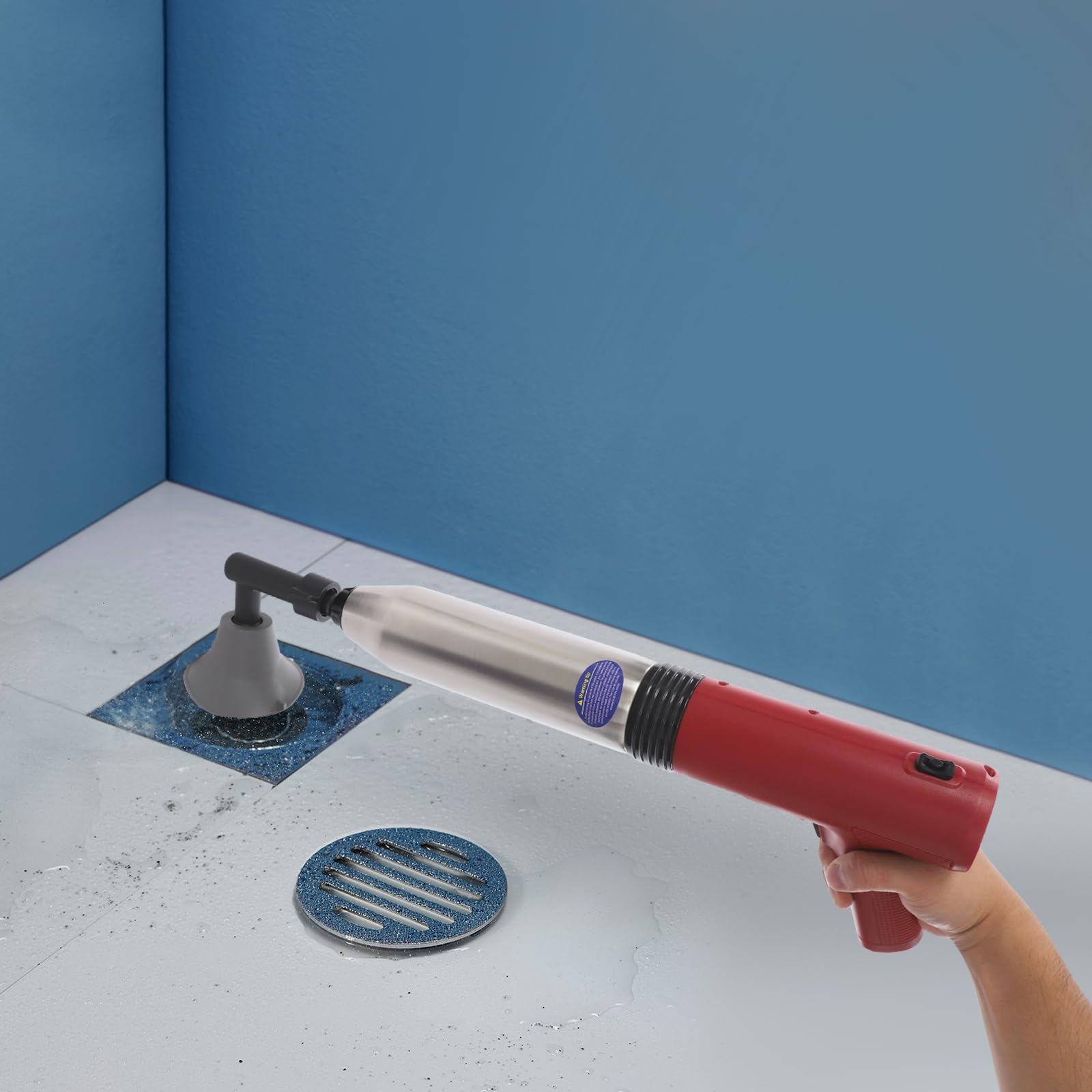 Elektrischer Abflussreiniger Pumpe mit 3 Austauschbaren Kolbenköpfe, Hochdruck-Luftstampfer Rohrreiniger mit Manometer, WC-Saugglocker Abfluss-Entstopfungsstampfer für Dusche, Toilette (Rot)