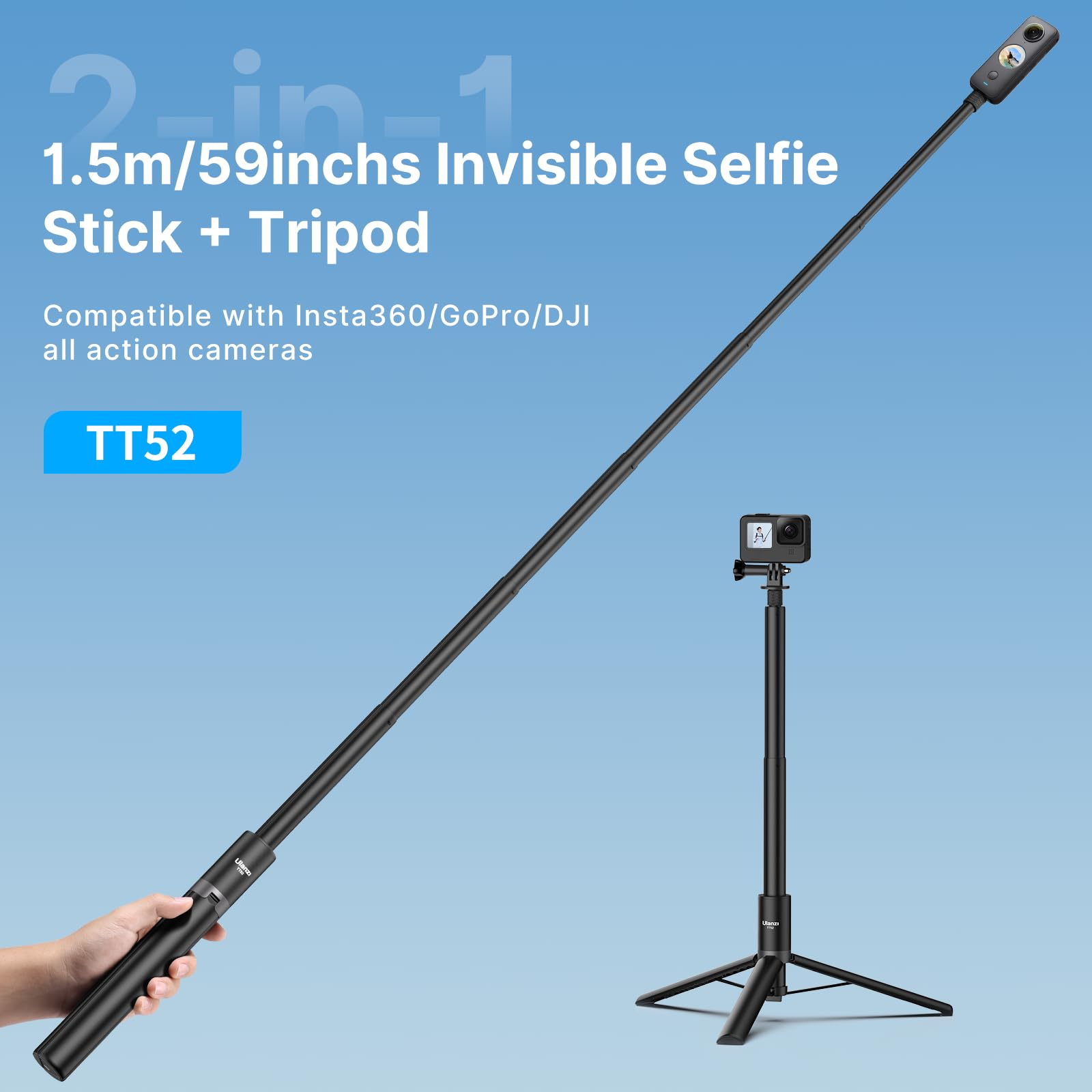 ULANZI TT52 Selfie Stick Trípode de 150 cm para Insta360 X3/X4/X5/GO 3/Flow/ONE RS/GO 2/ONE X2/ONE R/ONE X/ONE, palo de acción, monopié fotográfico compatible con DJI