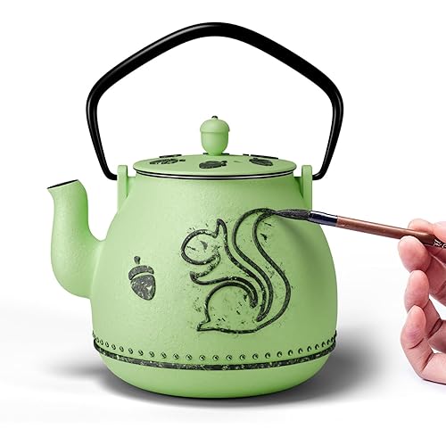 Toptier Teapot with Removable Infuser, Cast Iron Tea Kettle Stovetop Safe, Squirrel Design Tea Pot Coated with Enameled Interior for 32 Ounce (950 ml), Bright Green