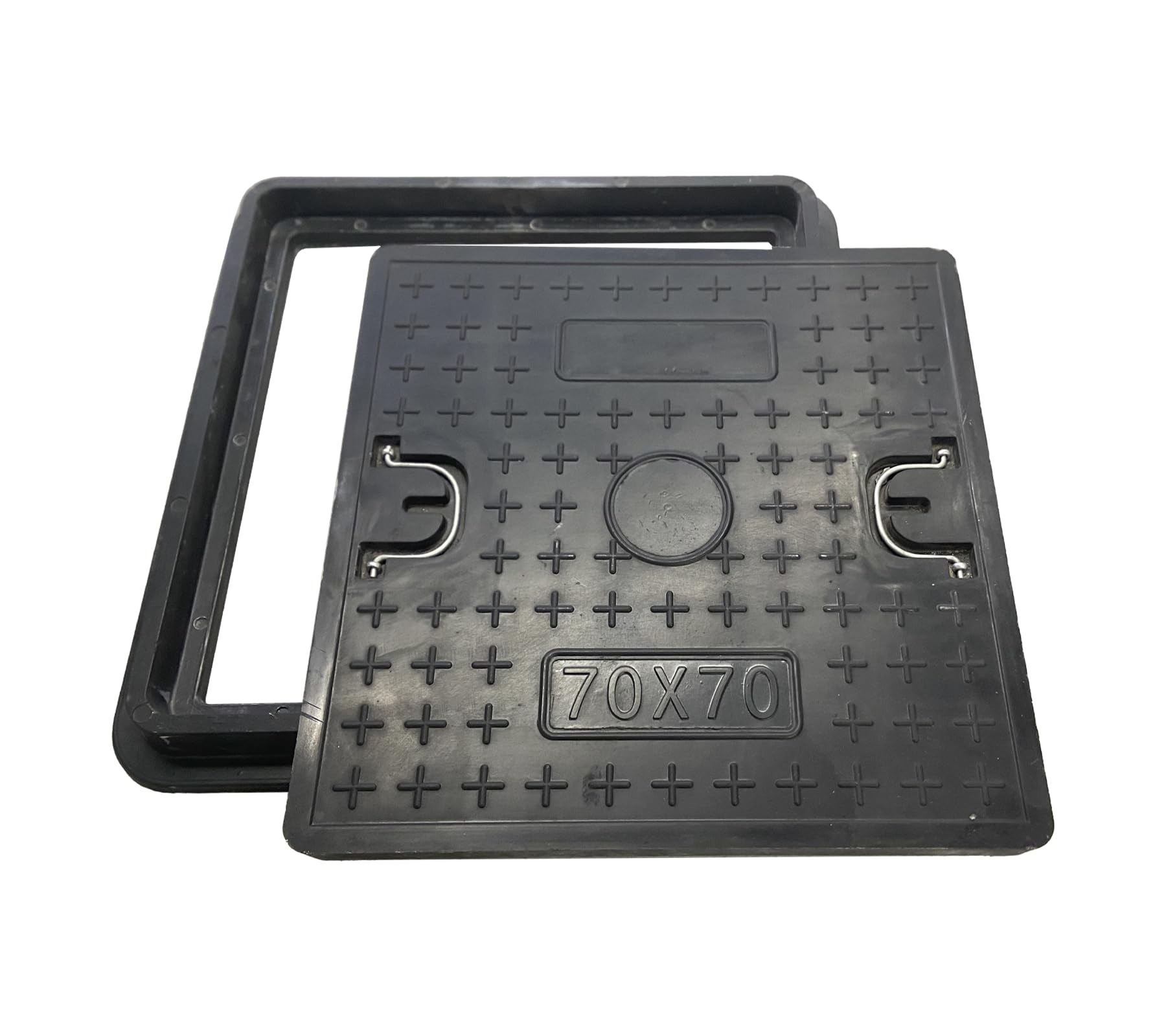 NATOTELA Manhole Cover and Frame Fiberglass,Cover Size 700x700mm/Overall size 800x800mm Square Drain Cover Access Inspection Reinforced Steel Embedded Sewer Cover with Handles Non-slip Solid Black