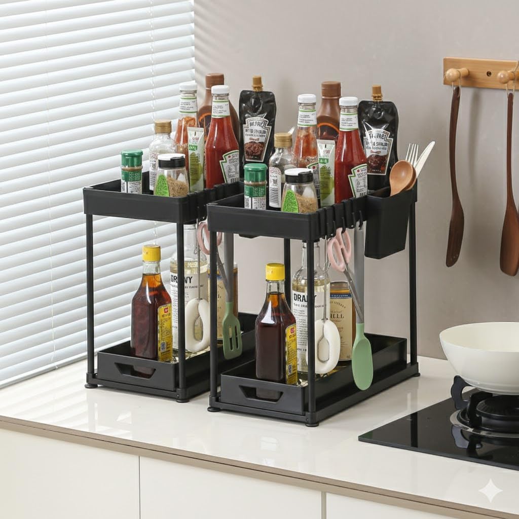2-Tier Under Sink Organizer, Slide Out Cabinet Basket with Hooks & Cup, Multi-Purpose Storage for Kitchen, Bathroom, Countertop, Black (2)