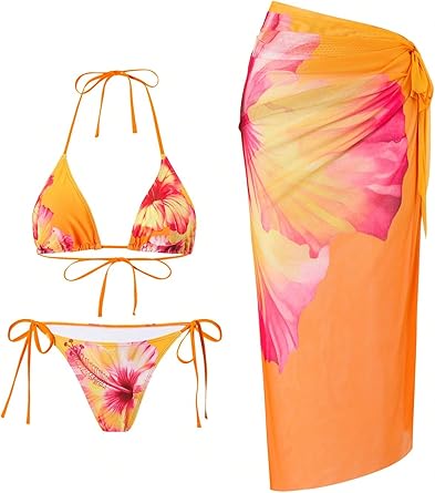 ZAFUL Womens 3 Piece Swimsuit Floral Halter Triangle String Bikini Tie Side Bottom with Boho Cover Up Skirt