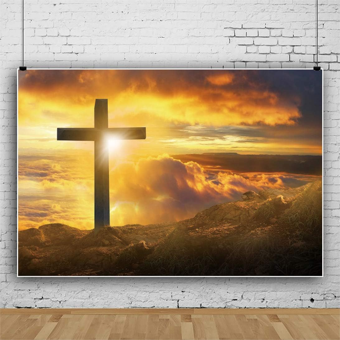 10x8ft Jesus Christ Cross Sunrise Photography Backdrop Mountain Top Sunset Glow Sky Background Holy Light Jesus Resurrection Christian Church Wallpaper Decor Props