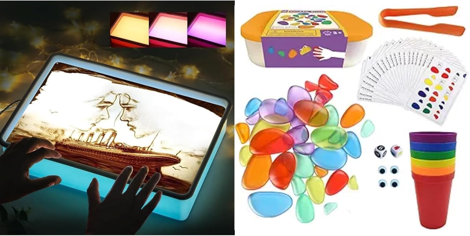 PreTrans Sand Painting Light Box – Rainbow Stacking Stones – Kids Light Table for Creative Art, 3 Color Temperatures & 10 Brightness Levels, Classroom & Home Use