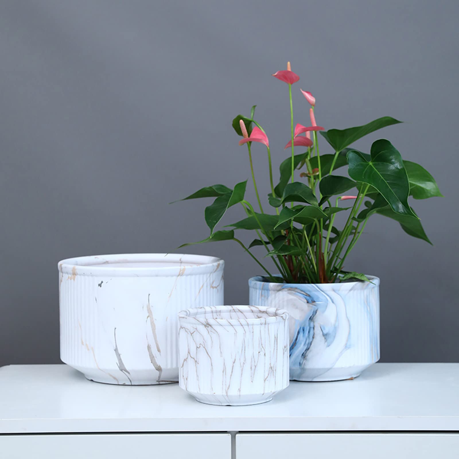 Vasi da Giardino Fioriere succulente in Ceramica da 6,1/7,8/9,8 Pollici, vasi Rotondi per Piante da Interno Contenitori per Piante Poco Profonde in Marmo con Foro di drenaggio