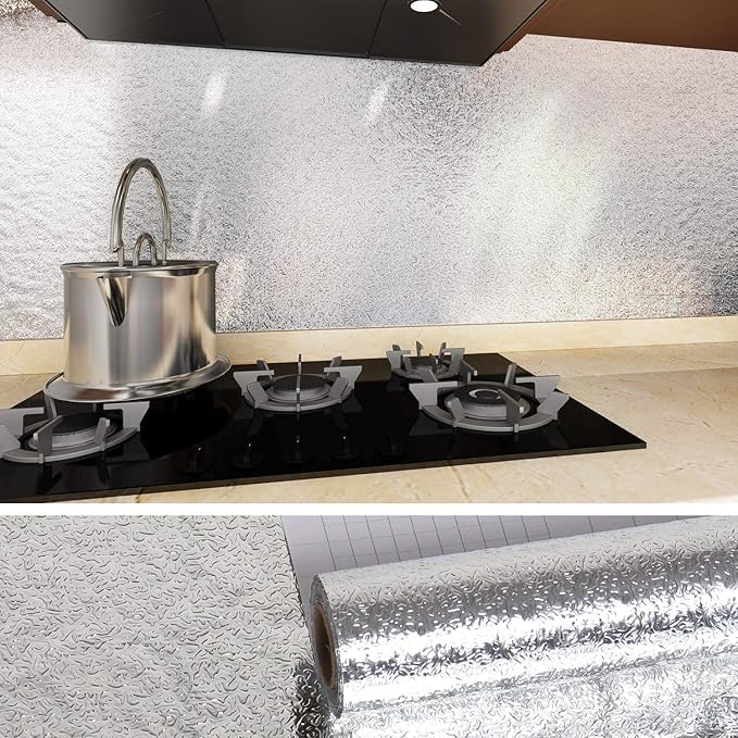 Image of 400 X 45CM Silver Aluminium FOIL SELF Adhesive Wallpaper for Kitchen Heat Proof Water Proof Vinyl WALLPER -12 SQFT Approx