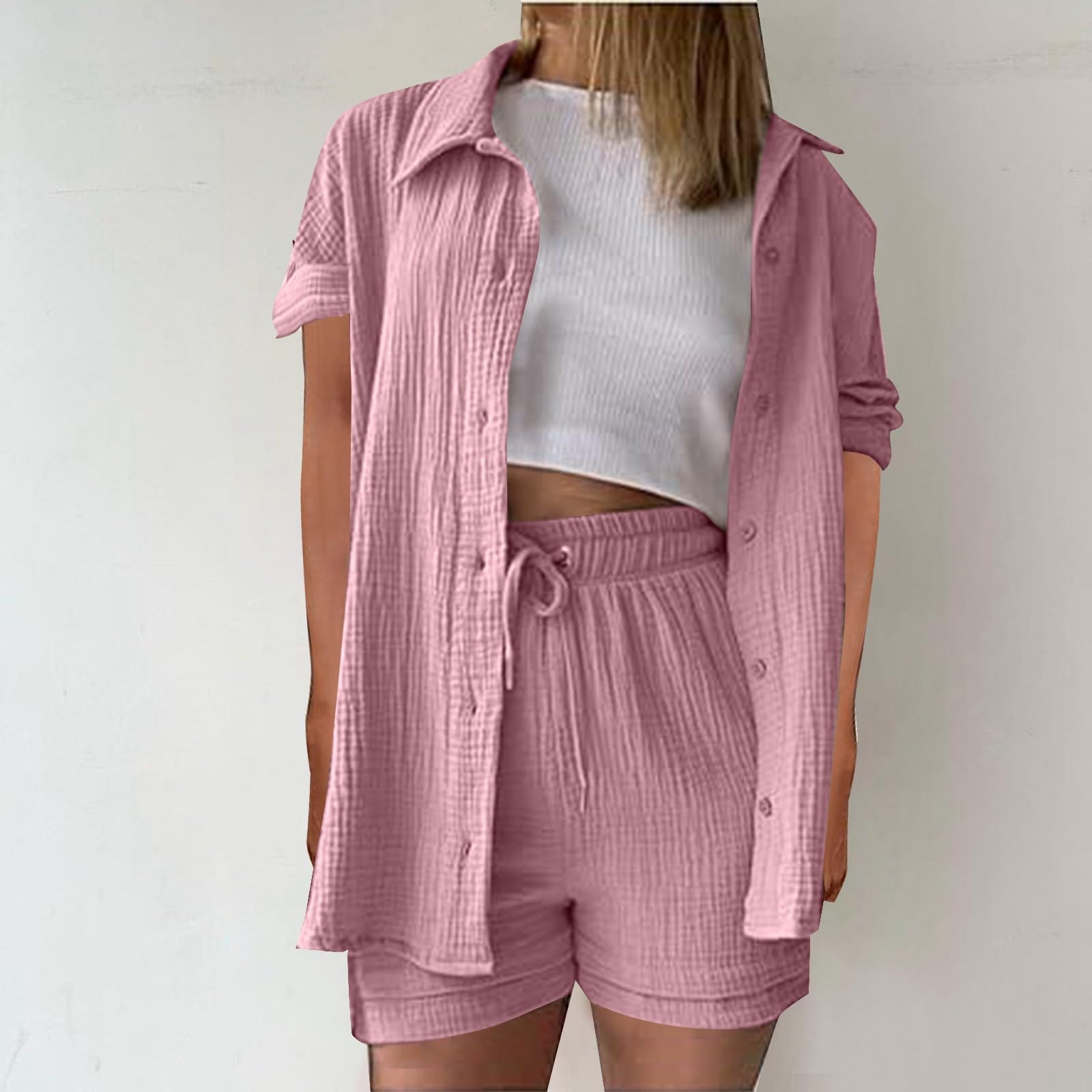 Femme Ensemble Chic et Elegant Chemise Manches Courts et Shorts 2 Pièces Survêtement Femme Tenues élégante Décontracté en Gaze de Coton Lin Ensemble été 2 pièces Loungewear