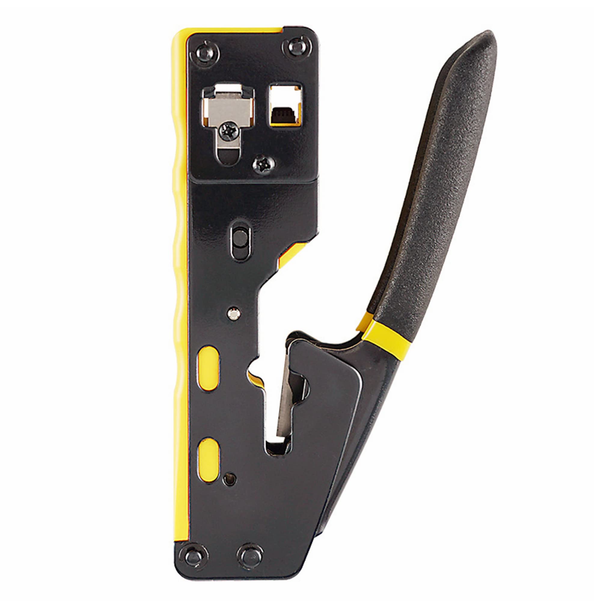 Yankok Crimpatrice per connettori di rete CAT5/5e CAT6, CAT6a, CAT7, connettori modulari schermati, RJ45, RJ12, RJ11, striscia e taglio con schema di cablaggio
