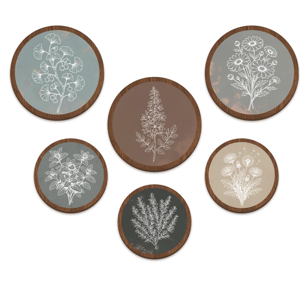UNICRAFTALE 6Pcs Mixed Color Retro Plant Disk Decor Wooden Boho Wall Art 20-25cm Vintage Line Art Round Plaque Set Lightweight Easy Install for Entryway Hallway Gallery