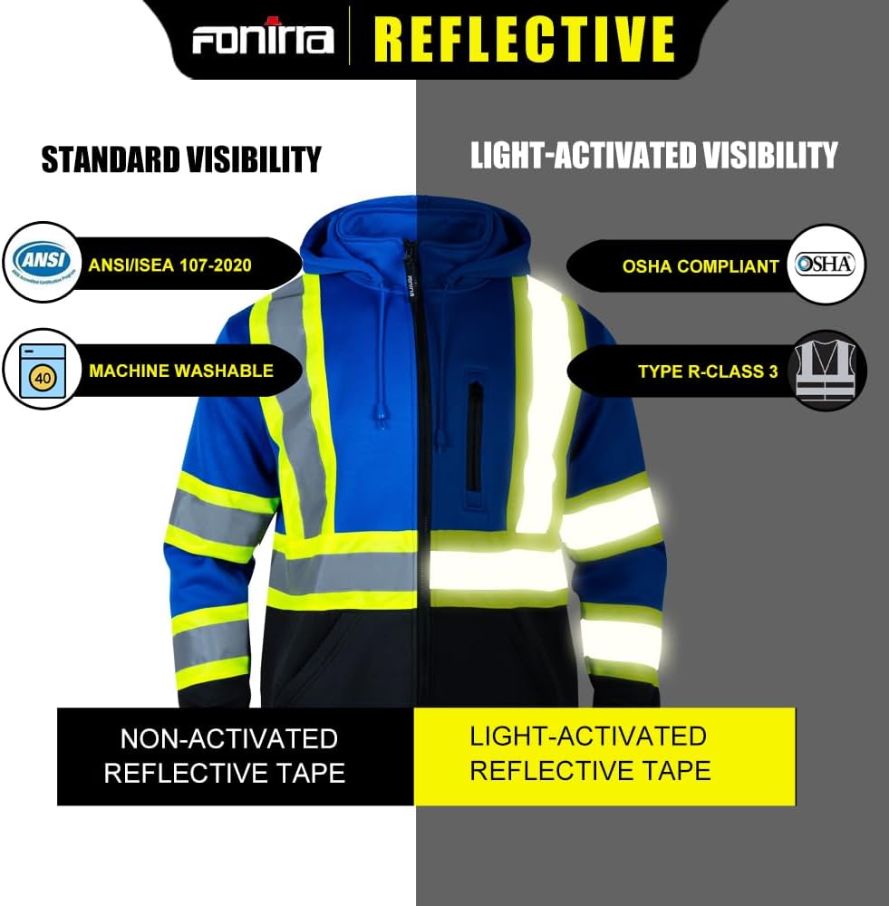 FONIRRA Hi Vis Safety Fleece Zip Hoodie for Men Reflective Sweatshirts ANSI Class 3 Jackets Detachable Hood (Blue,M) - Image 5