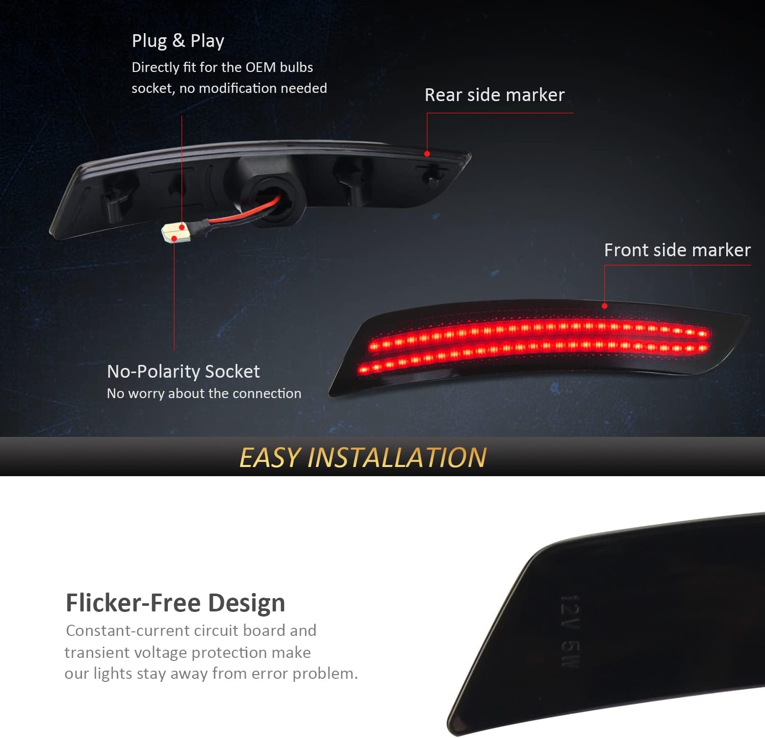 D-Lumina Smoked LED Side Marker Lights Compatible with Chevy Camaro 2016 2017 2018 2019 2020 2021 2022, 2014-up Cadillac CTS, 2015-up Cadillac ATS, Rear Bumper LED Sidemarkers Red Pack of 2