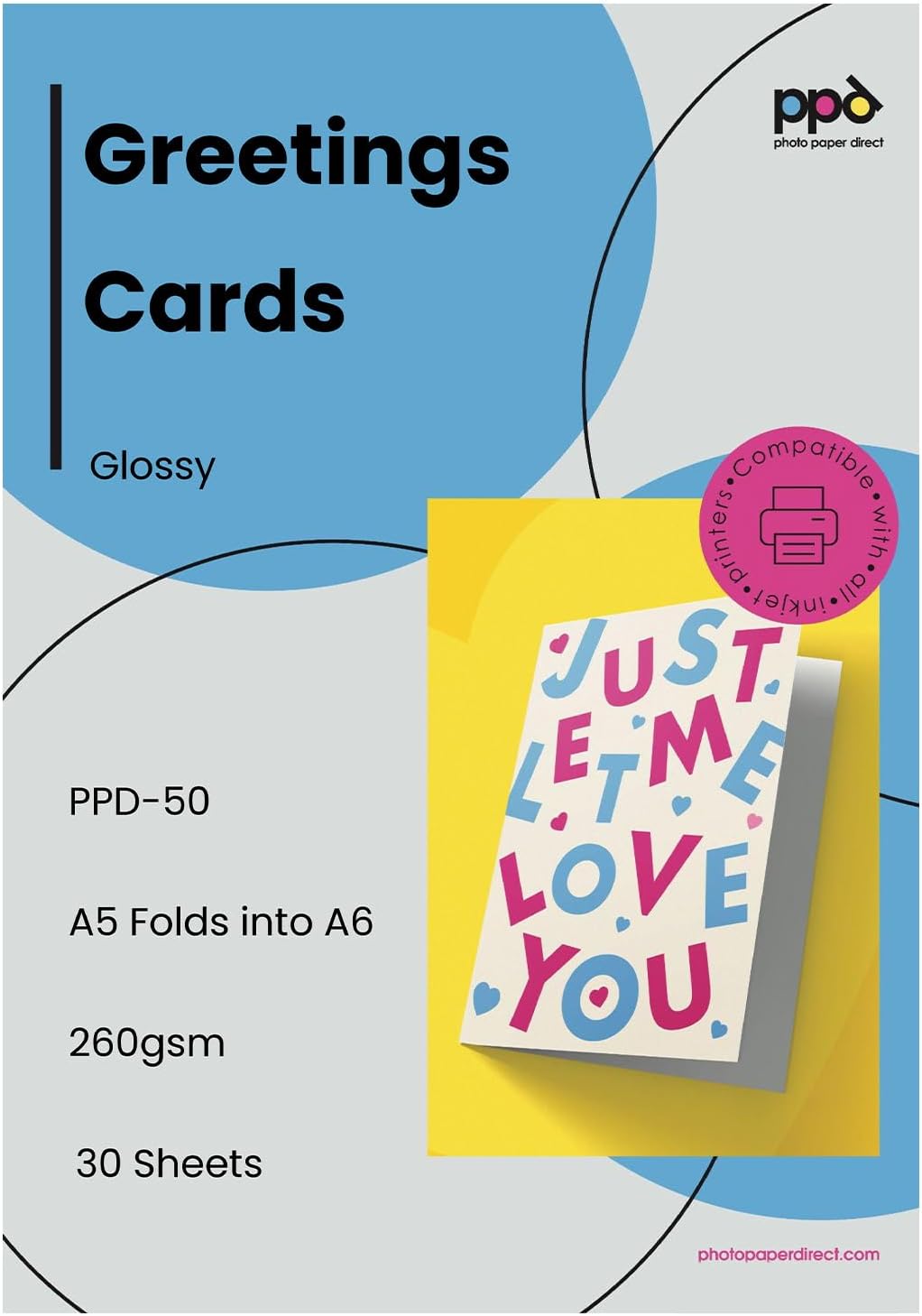 PPD 30 Inkjet Printable Greeting Cards A5 Pre-Scored to A6 Heavyweight 260gsm Gloss PPD-50-30