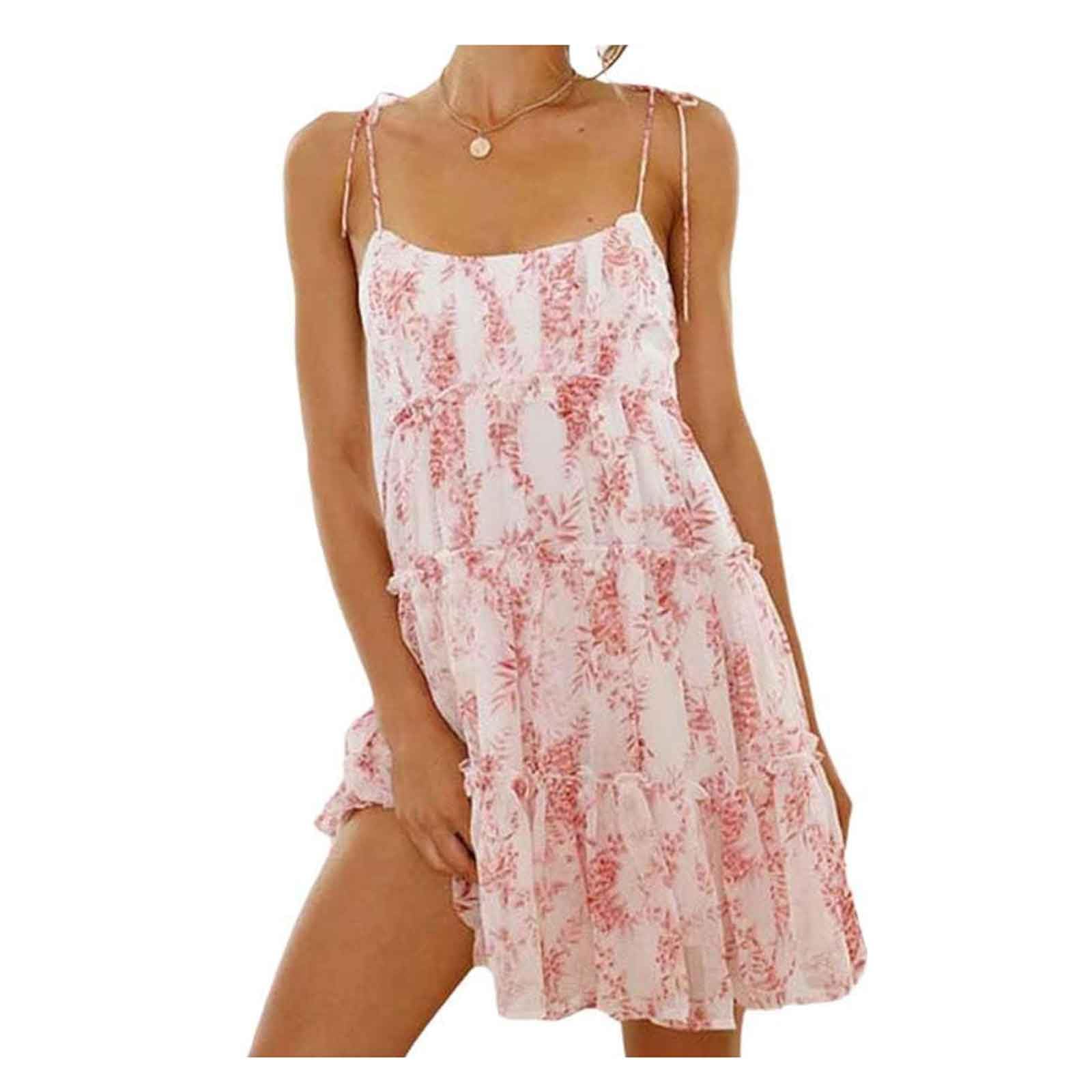 INFJMH Womens Boho Floral Mini Dress Spaghetti Strap Sleeveless Ruffle Hem Sundress Summer Flowy Beach Dress