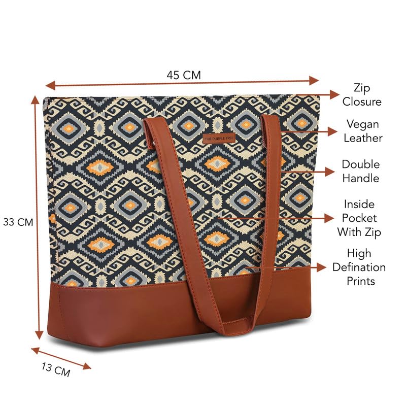 Image of The Purple Tree Handcrafted Women's Tote Bag with Vegan Leather Handles & Indian Prints, Shoulder Tote Bag and Handbag for Office and College (Pack of 1)