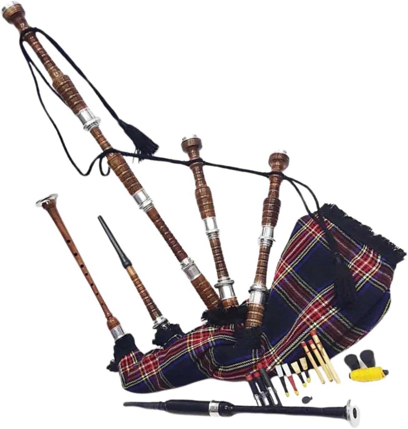 Scottish Great Highland Bagpipe Natural Finish Silver Mounts Black - Full Set with Practice Chanter Reeds - Carring Case & Tutor Book