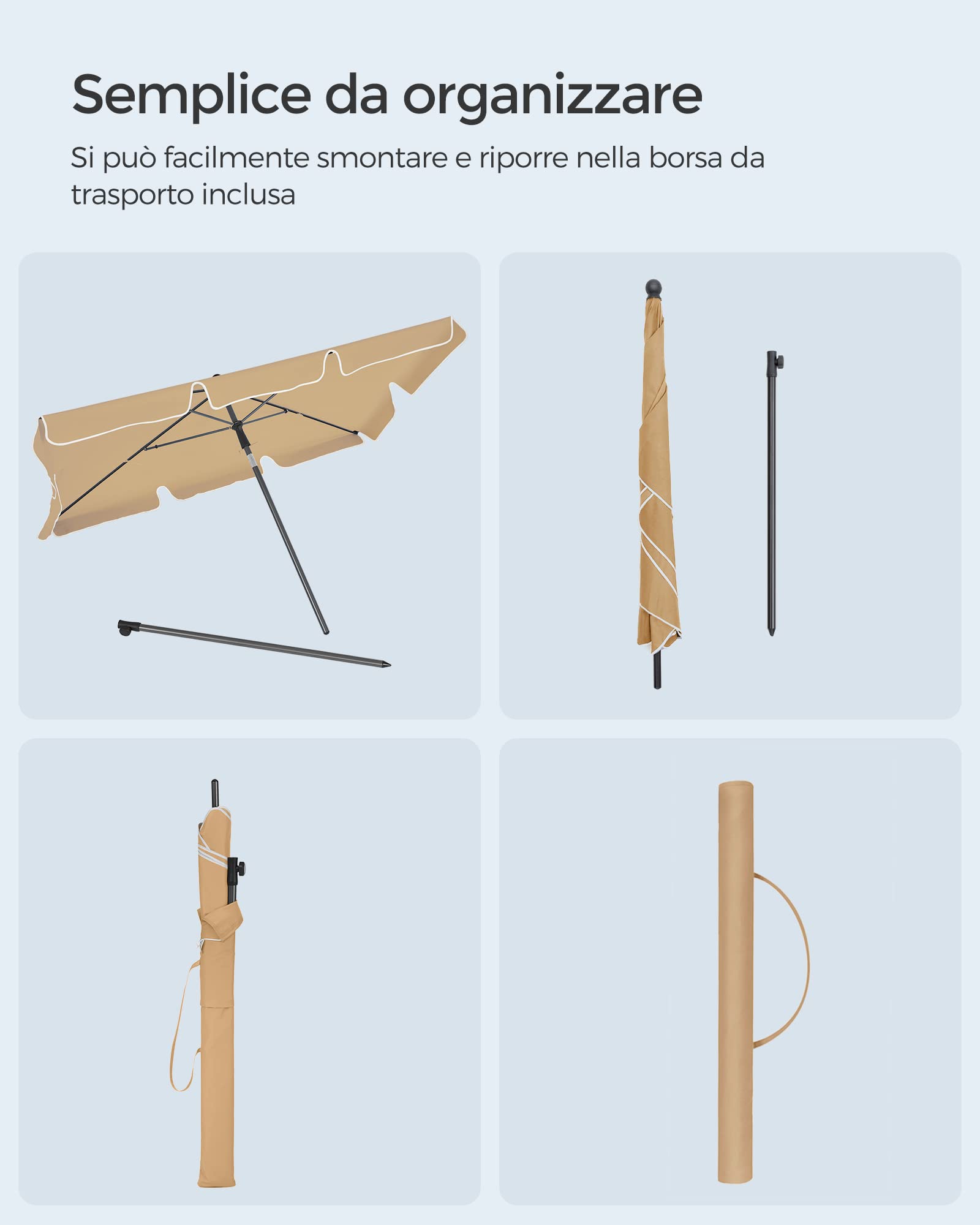 SONGMICS Ombrellone da Balcone 180 x 125 cm UPF 50+ Inclinazione Bidirezionale a 30° Altezza Regolabile con Borsa da Trasporto Tortora