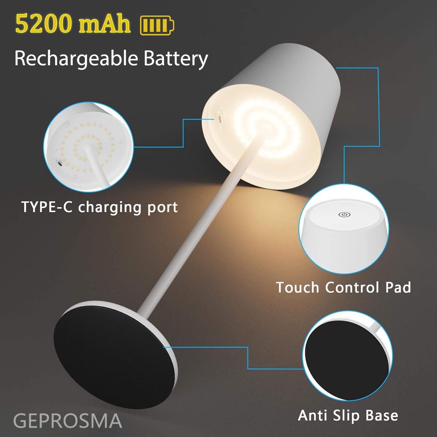 2 Pezzi Metallo Lampada da Tavolo Senza Fili Lampada da Comodino Led Ricaricabile a Batteria 5200mah,IP54,Moderni Lampada Portatile,Touch 3 Modes, per camera da letto,Soggiorno,Esterni