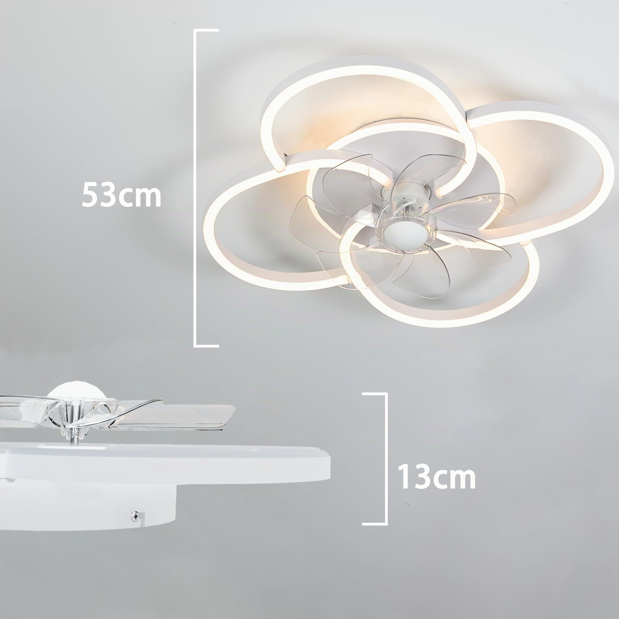 53cm Ventilatore da Soffitto con Luce, 6 Velocità Silenzioso Lampada Ventilatore da Soffitto con Telecomando per Camera da Letto, Cucina, Soggiorno, Bianco, 49W