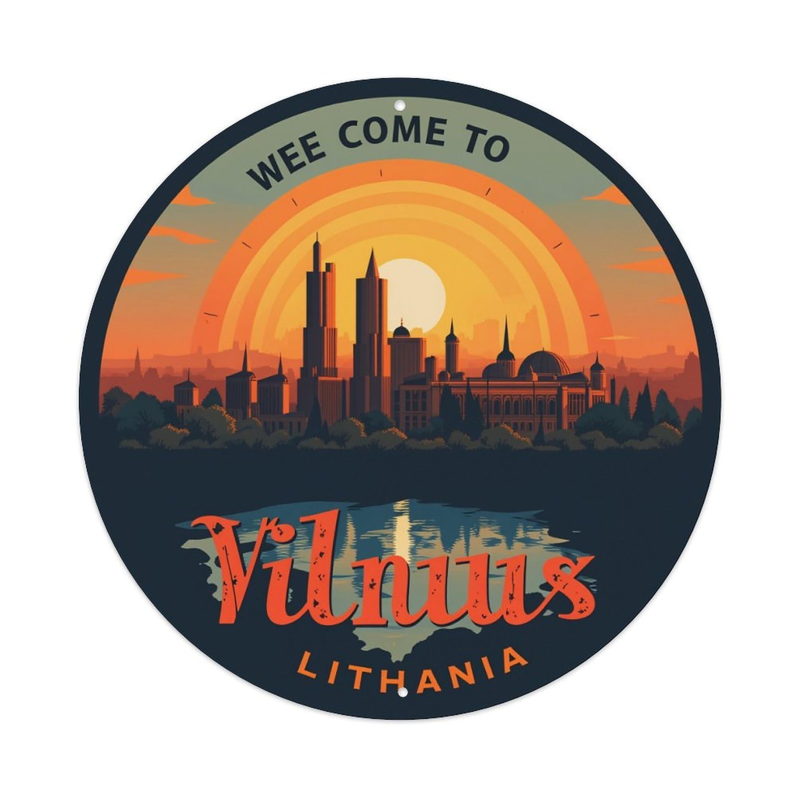 Sunset Skyline Cityscape River Reflections Vilnius Lithuania Round Vintage Tin Sign,Retro Wall Art,Metal Poster for Home, Bar, Garage, Cafe, Rustic Indoor & Outdoor Decor, 8x8 Inches
