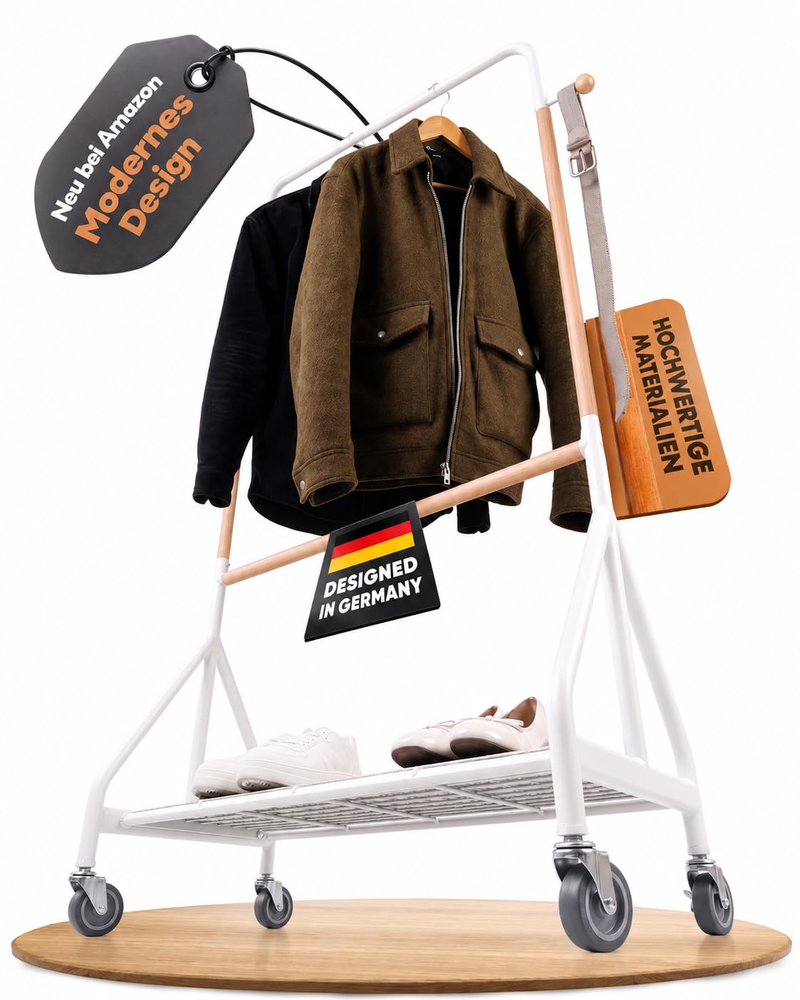 ASKA Premium Kleiderständer auf Rollen Stabil Schwerlast bis 120 kg Clothing Rack Garderobenständer Holz Metall Kleiderstange mit Schuhablage Rollbarer Kleiderständer Weiß Birkenholz