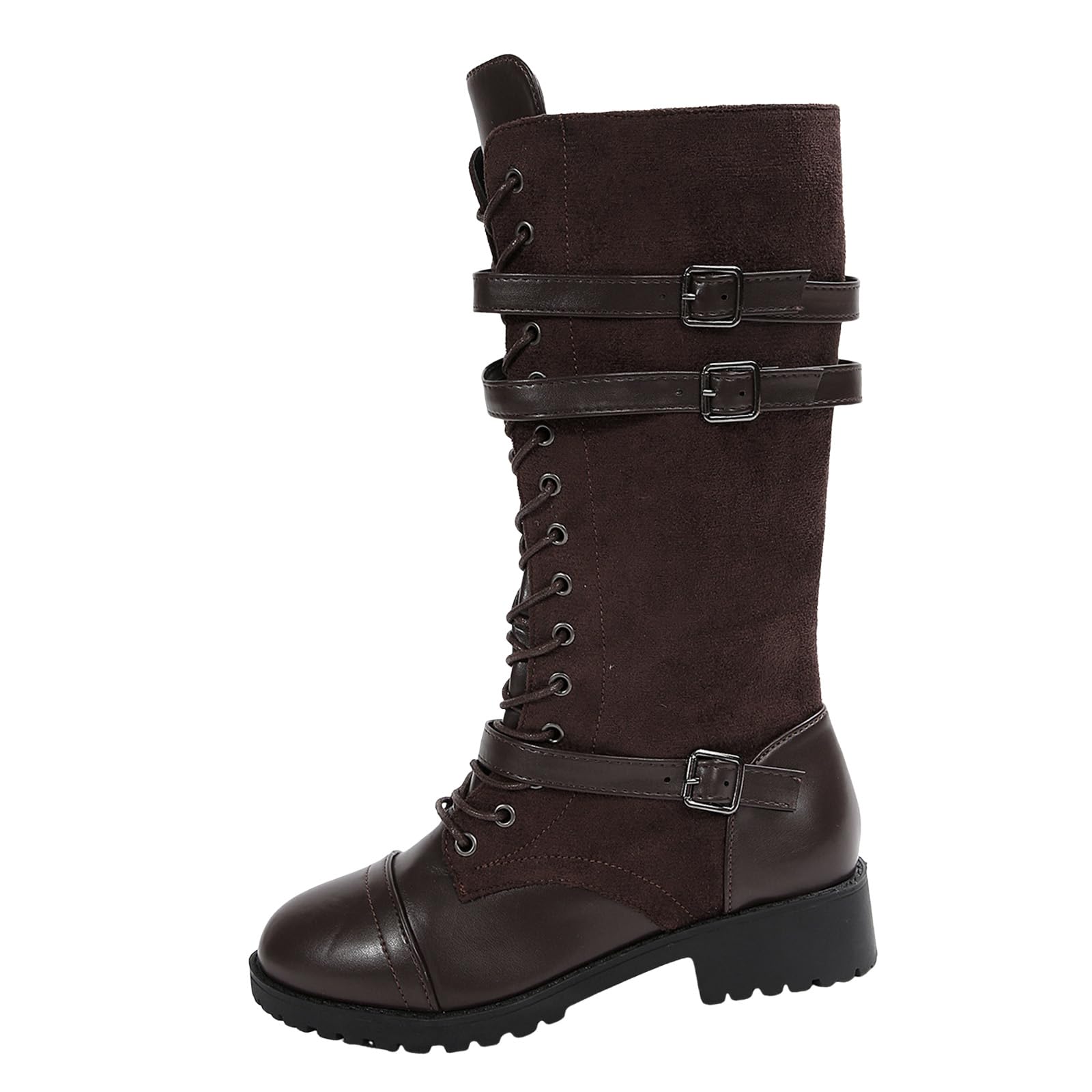 IWIHMIV Womens High Riding Boots Side Zipper Lace Up Mid Calf Boots Round Toe Chunky Low Heel Fashion