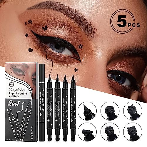 5Pcs Double tête Ensemble de stylos tampon liquide Eyeliner,Mat Crayon eye liner noir, Lazy Pochoirs d’eyeliners black Stamp eyeliner Pen Eye Tattoo Makeup-Triangle/Cœur/Étoile/Fleur/Papillon – Image 3