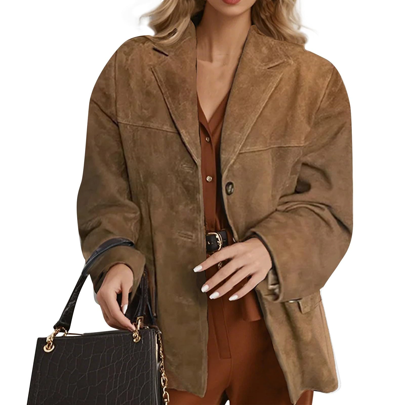 Wildlederjacke Damen Mit Revers Damen-Jacken Wildleder Jacke Damen Winter Vintage Mantel Frauen Mode Leder Anzug Jacken Herbstjacke Frühling Blazer Oversize Elegant Outwear Casual Streetwear