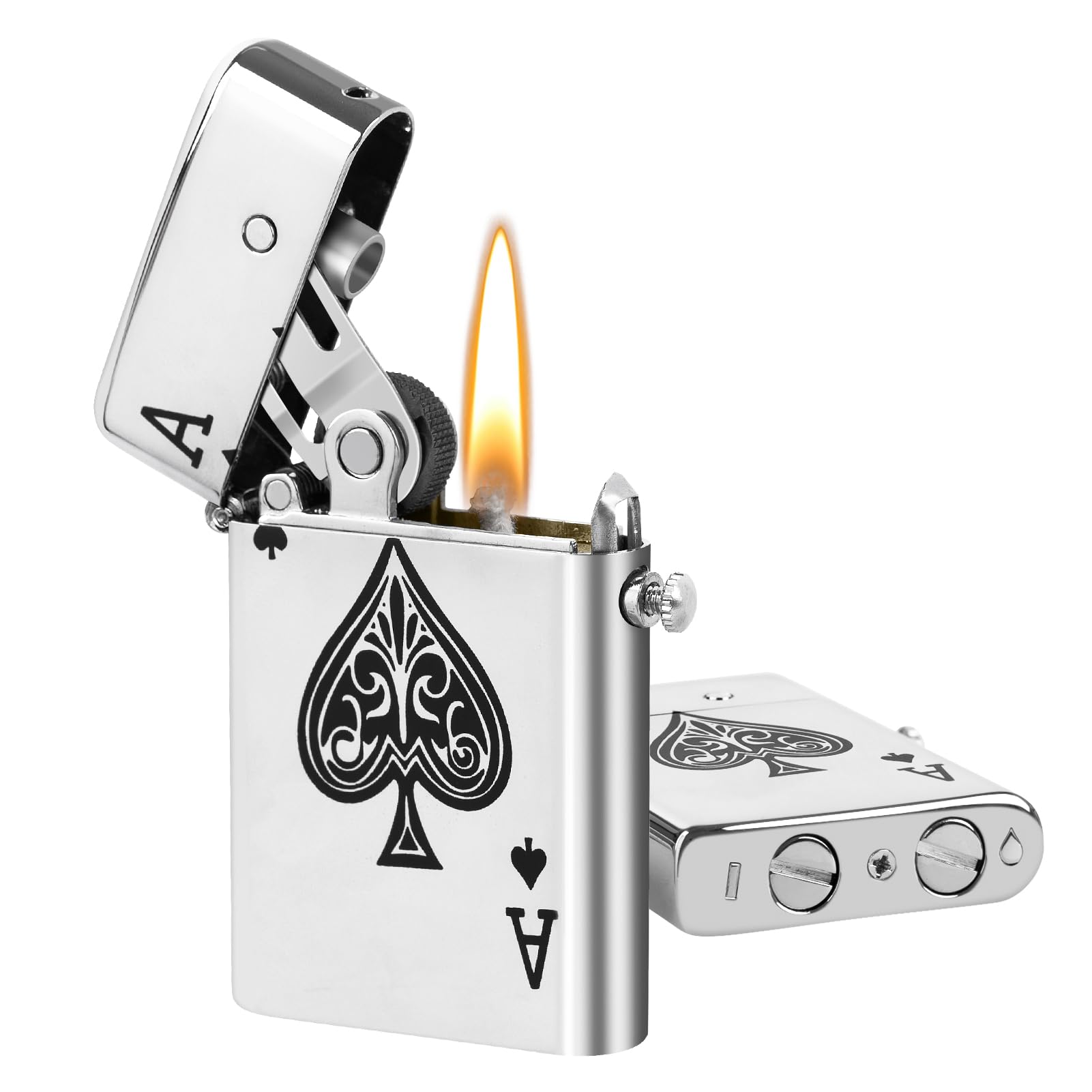 Morisk Classic Silver Ace Lighter, Cool Kerosene Pipe Lighters with Safety Lock, Vintage Copper Pocket Lighter Fluid Refillable, Unique Lighter Collection Gift for Men Dad Husband