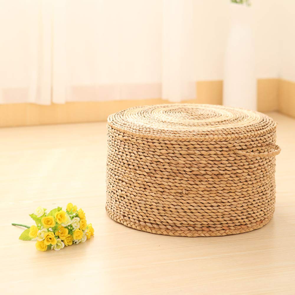 Pouf Rotondo in Paglia di Rattan Lavorato a Mano, Sgabello Intrecciato al 100% Fatto a Mano