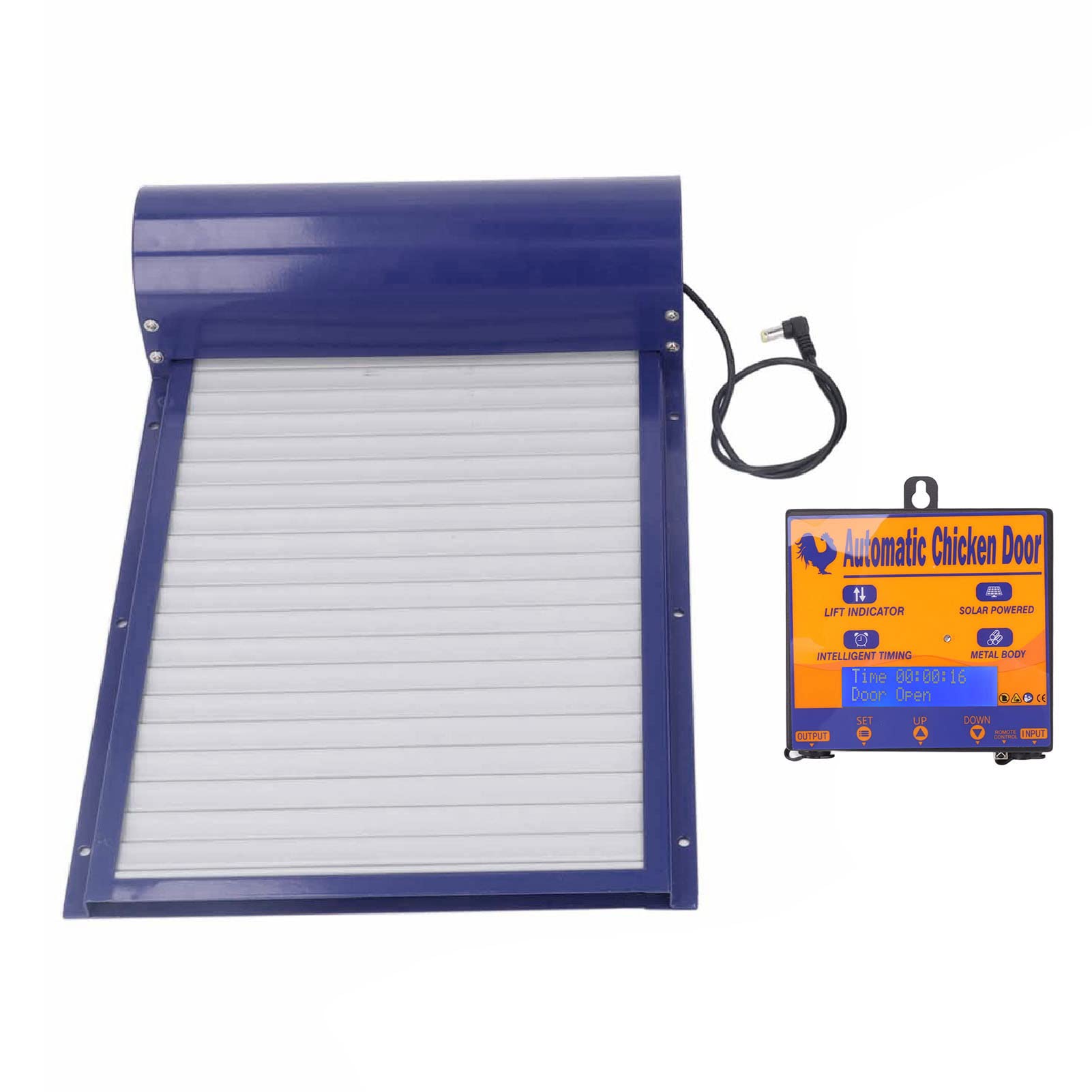 Abridor Automático de Puerta para Gallinero con Temporizador, Sensor de Luz y Control Remoto - Puerta Aluminio Programable para Pollos y Patos (Azul)