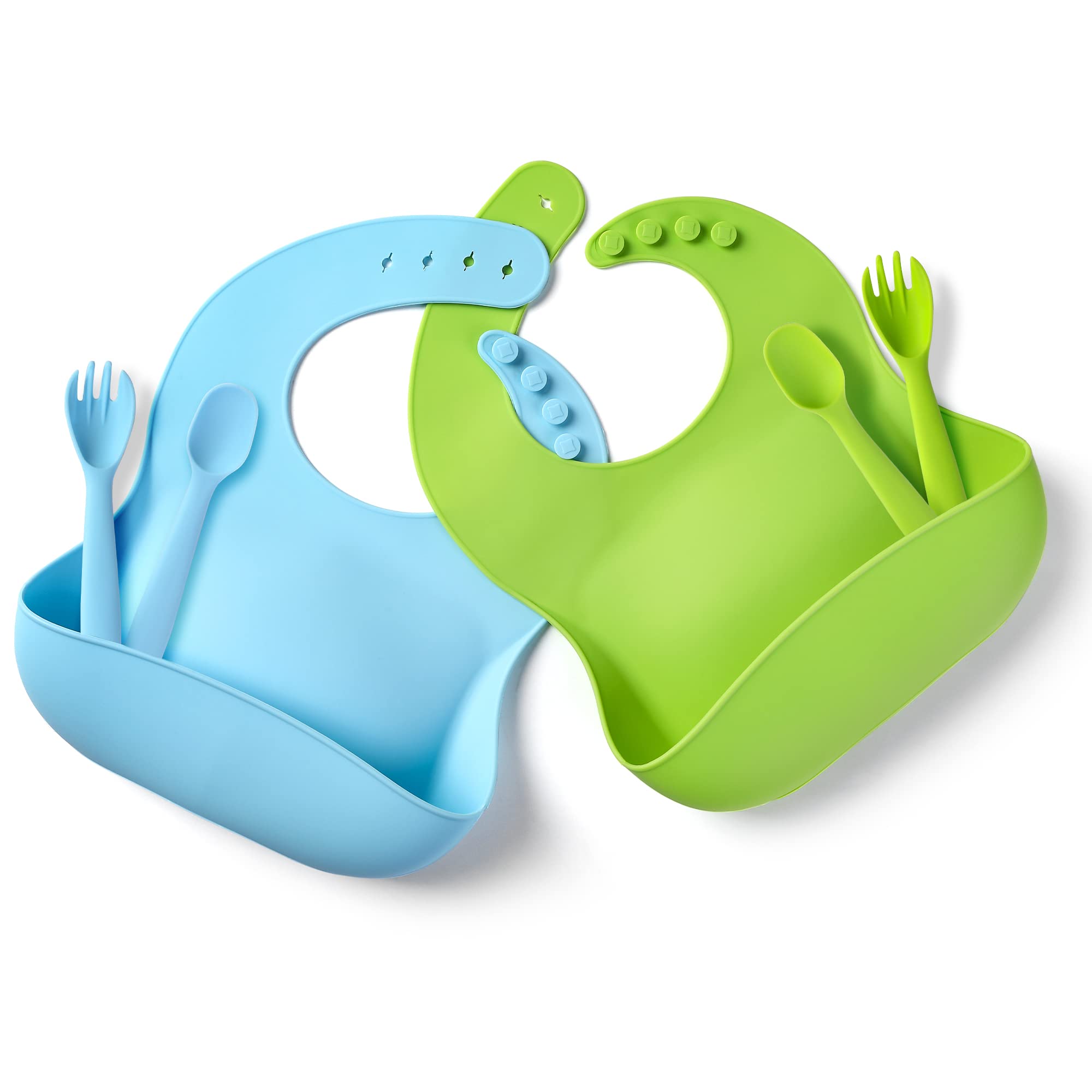 Cibeat Silicone Baby Bibs, Silicone Bibs with Spoon Fork, Easy Wipe Silicone Bib for Babies, Adjustable Fit Waterproof Bibs