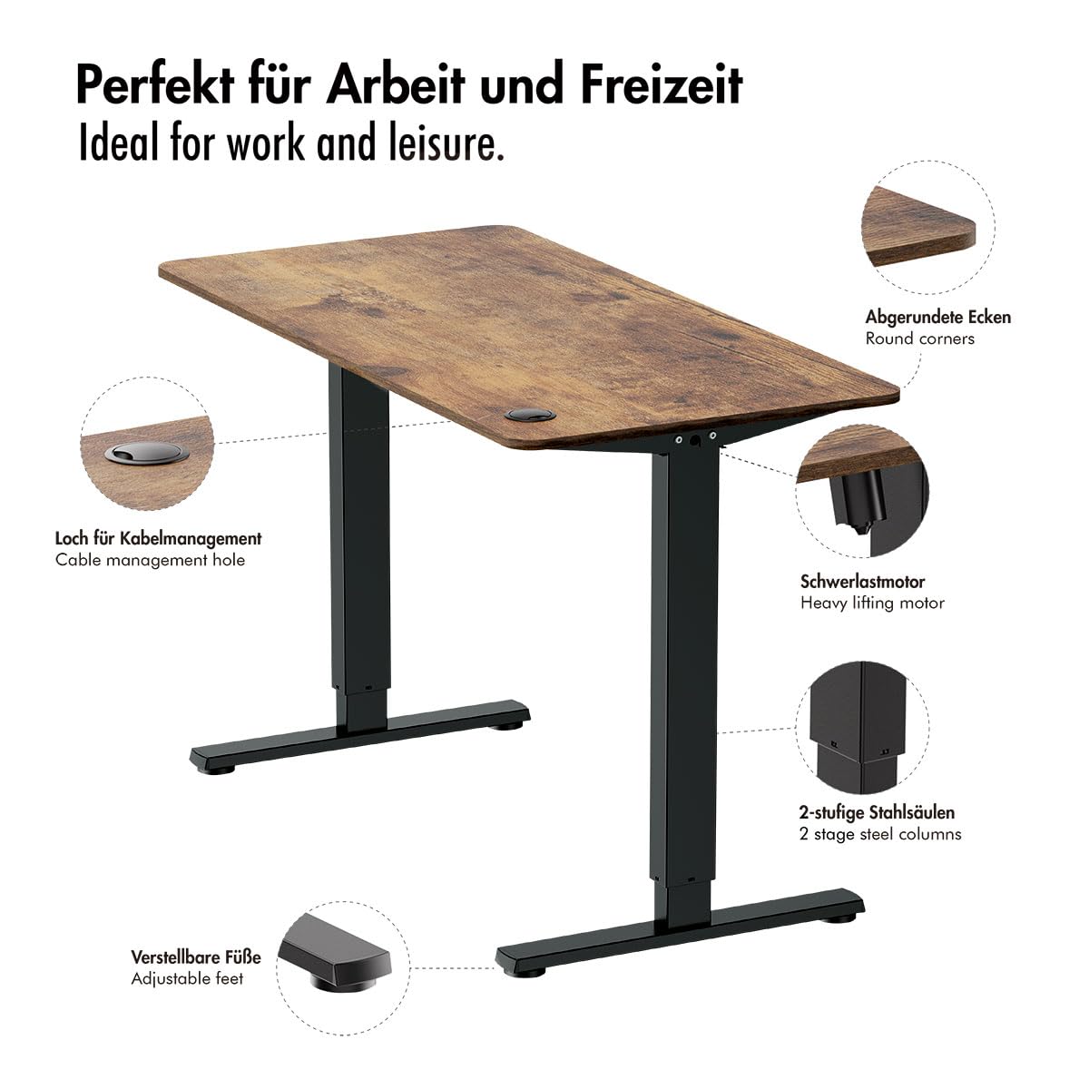 LogiLink Biurko z elektryczną regulacją wysokości (stelaż stołu z blatem) z 1 silnikiem i regulacją wysokości, wysokość 720 – 1140 mm, kolor stelaża: czarny, blat stołu: brązowy