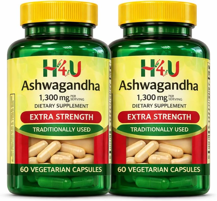 H4U 4 TOP Care Ashwagandha Dietary Supplement, 1300 mg, Stress Relief and Mood Enhancer, 60 Vegetarian Capsules (Pack of 2)
