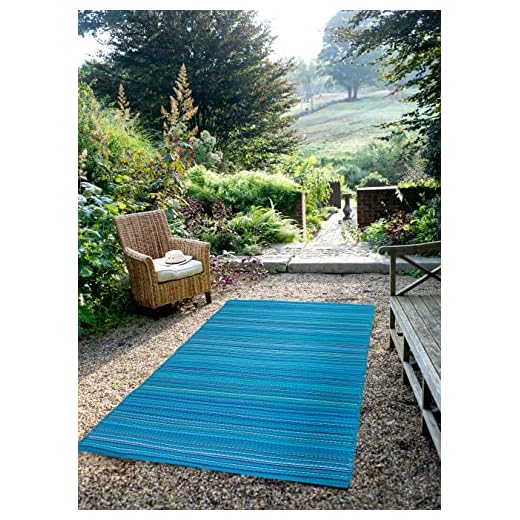 FH Home Outdoor Rug - Waterproof, Fade Resistant, Reversible - Premium Recycled Plastic - Striped - Patio, Deck, Porch, Balcony - Havana - Turquoise Crease Free - 5 x 8 ft