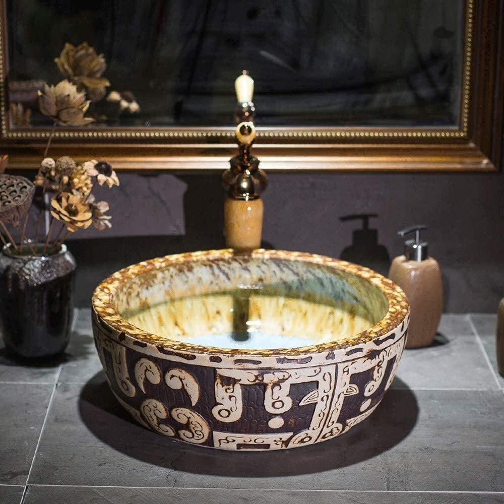 Szafka Pod Umywalkę Z Umywalką, Umywalka Łazienkowa, Umywalka Nablatowa, Okrągła, 16-Calowa Artystyczna Ceramiczna Umywalka Łazienkowa Nablatowa, Porcelanowa Miska Nablat