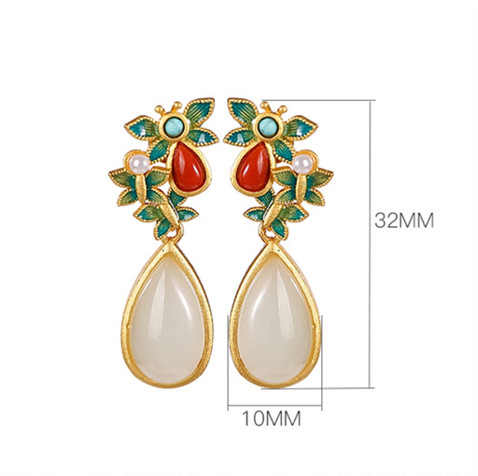 Pendientes de plata S925 chapados en oro con cloisonné y perlas de jade hetiano, pendientes de mujer en forma de gota, joyería