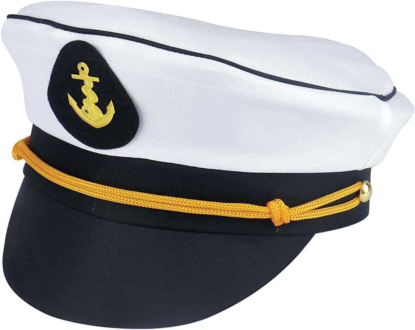 ADULTS SAILOR CAPTAIN HAT FANCY DRESS COSTUME ACCESSORY - WHITE CAP WITH YELLOW ANCHOR BADGE AND BLACK PEAK - NAVY OFFICER CAPTAINS DRESS UP (Pack of 12)