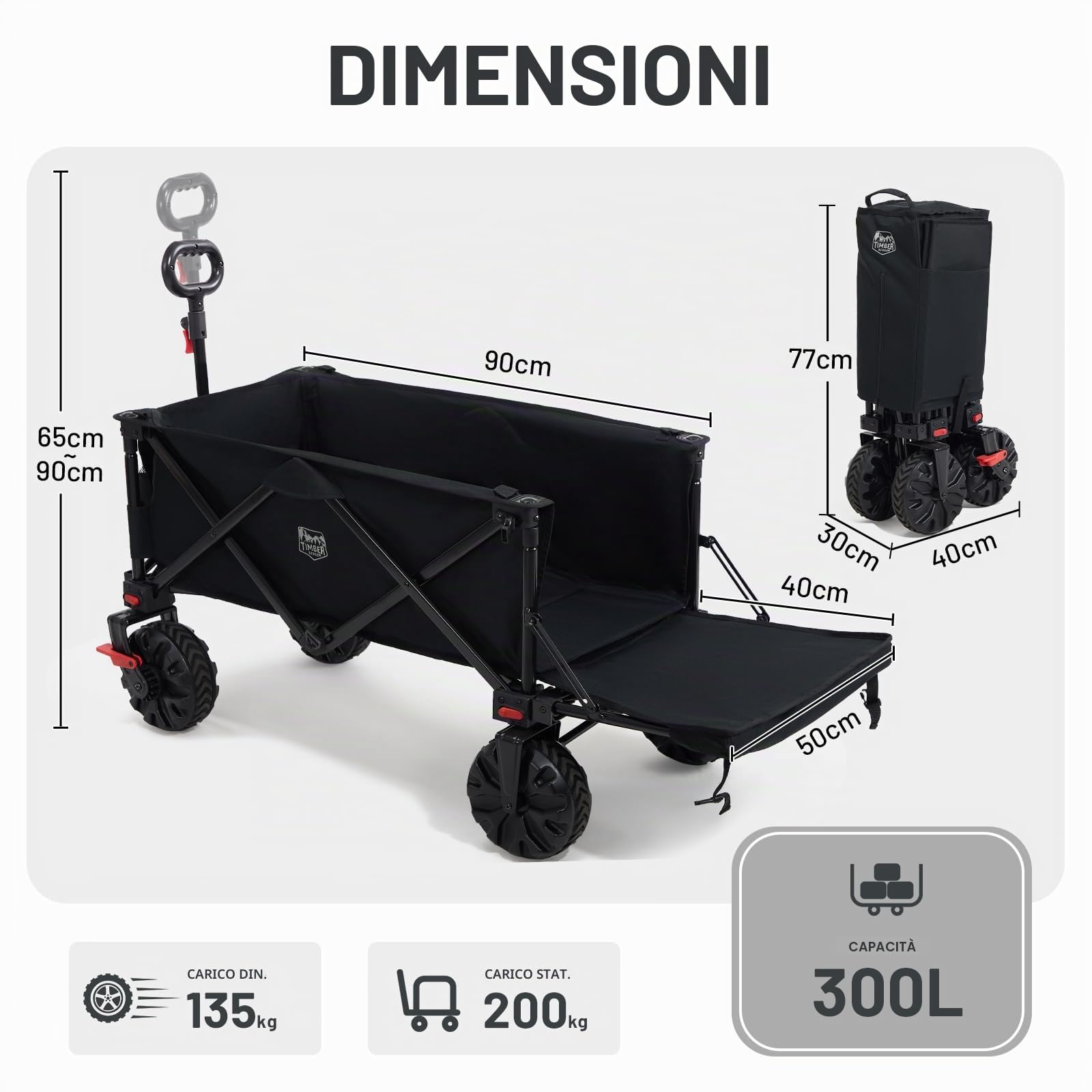 TIMBER RIDGE Carrello da Spiaggia Pieghevole XXXL con Portellone con Ruote Larghe Staccabili e Maniglia Regolabile per Campeggio Giardino Shopping 135 kg