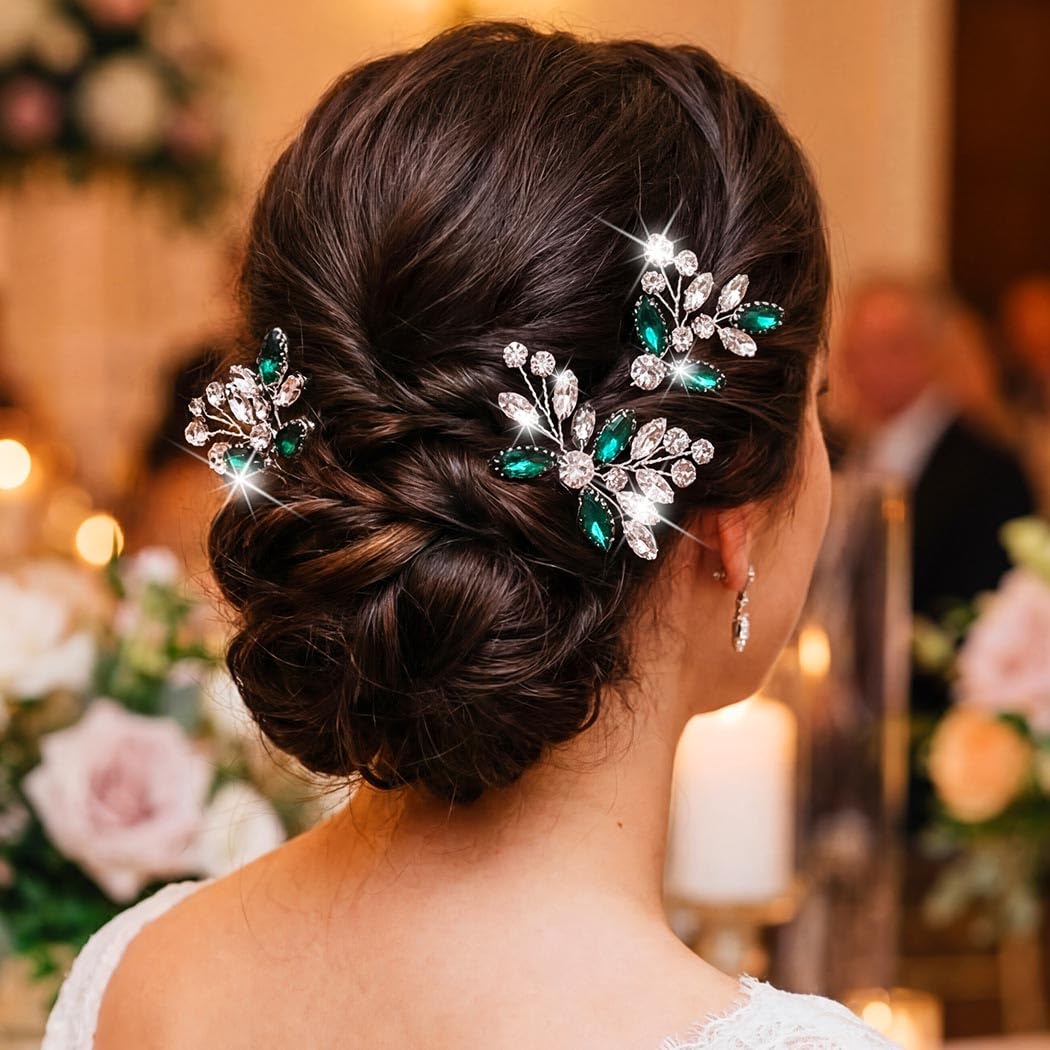 Unicra Silver Green Crystal Hair Pins Rhinestone Wedding Hair Pieces Bridal Hair Accessories for Brides and Women Pack of 3 (Green)