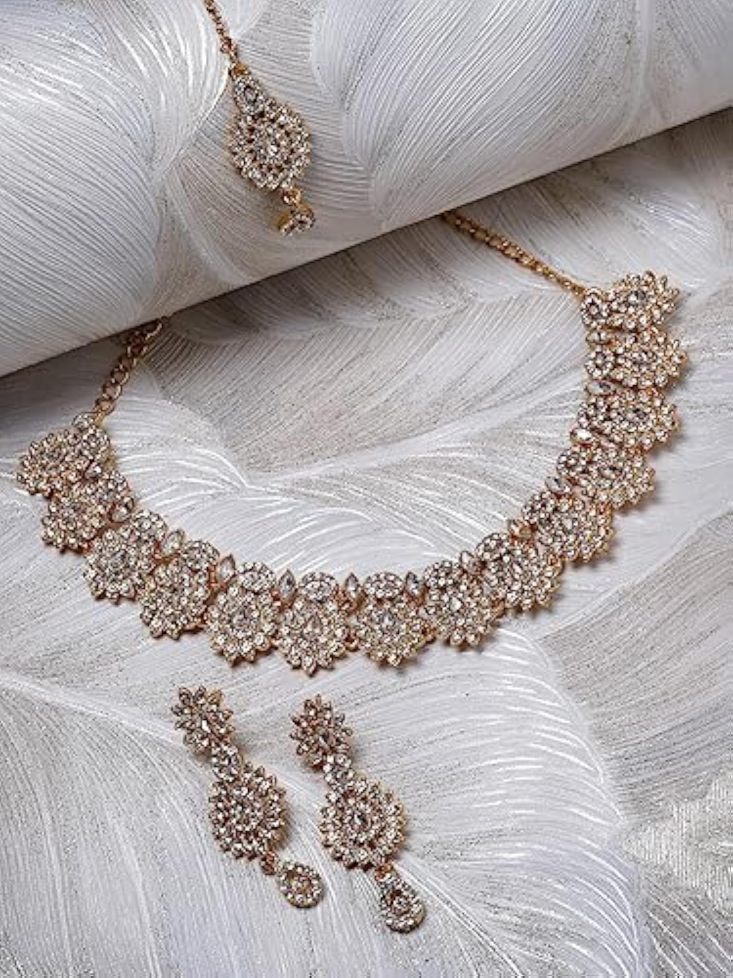 Plated Stone Collar Bone Necklace Set With Earrings And Maangtika