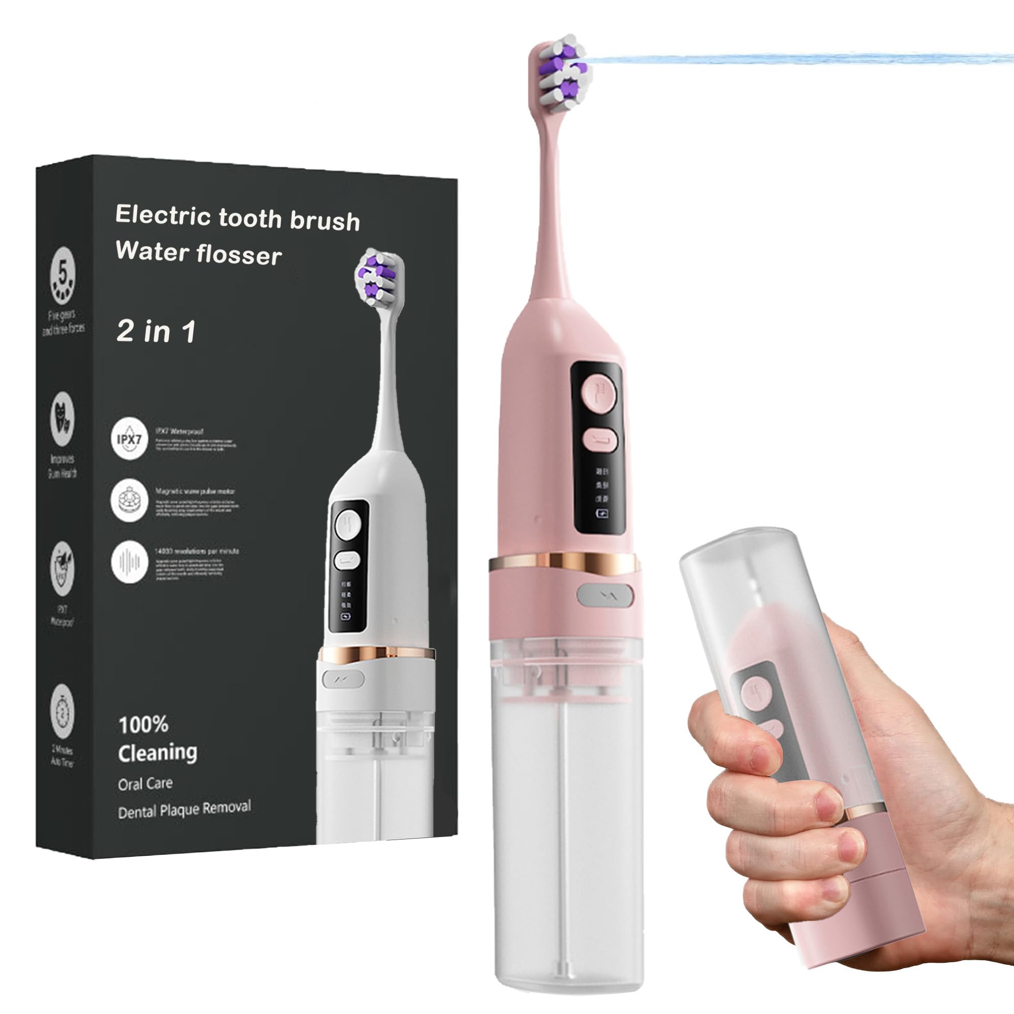 Elektrische Zahnbürste mit water flosser, 2-in-1 Mundhygiene-Set, tragbarer Munddusche, 3 intelligente Modi, wiederaufladbar, IPX7 wasserdicht (Rosa)