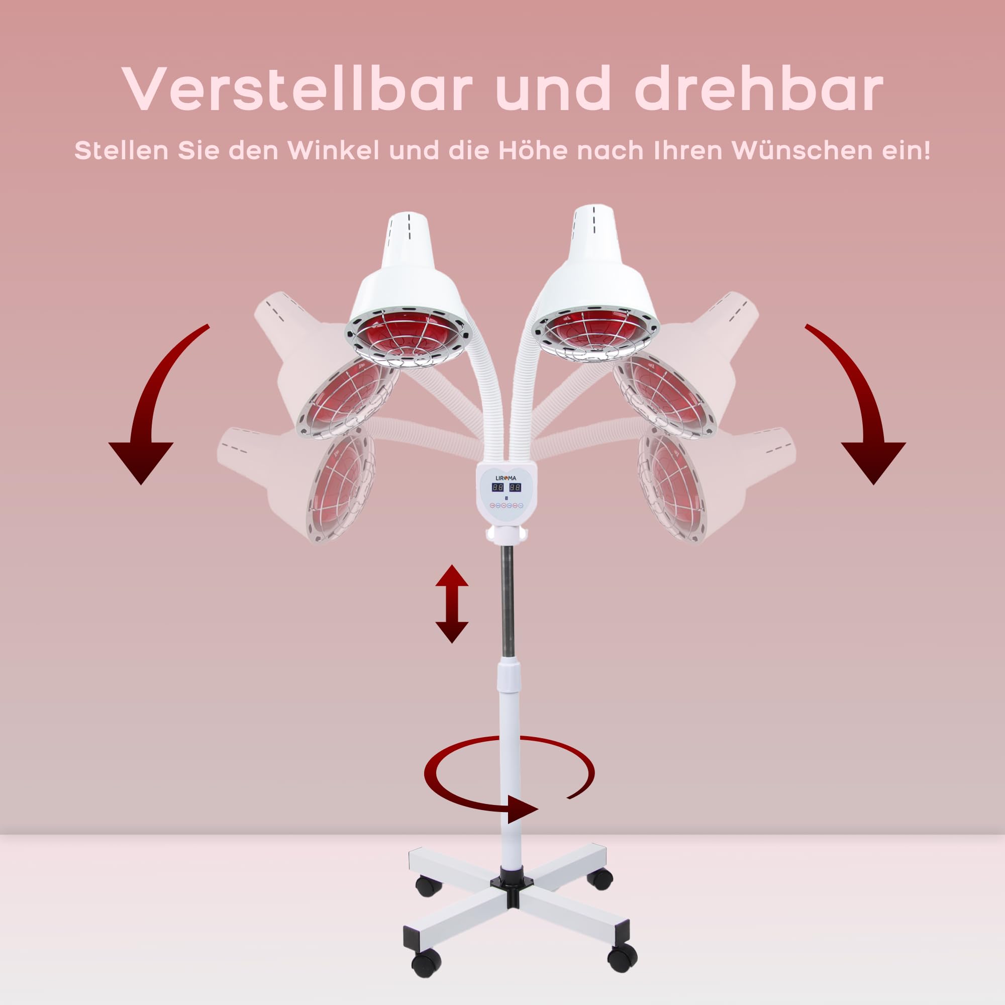Infrarotlampe | Doppel – Rotlichtlampe 2 x 300Watt | Wärmelampe| Infrarotlichtlampe | 360° Verstellbar mit Rädern | Infrarottherapie | Rotlichtstrahler | IR-A | Kurzwellige Strahlung