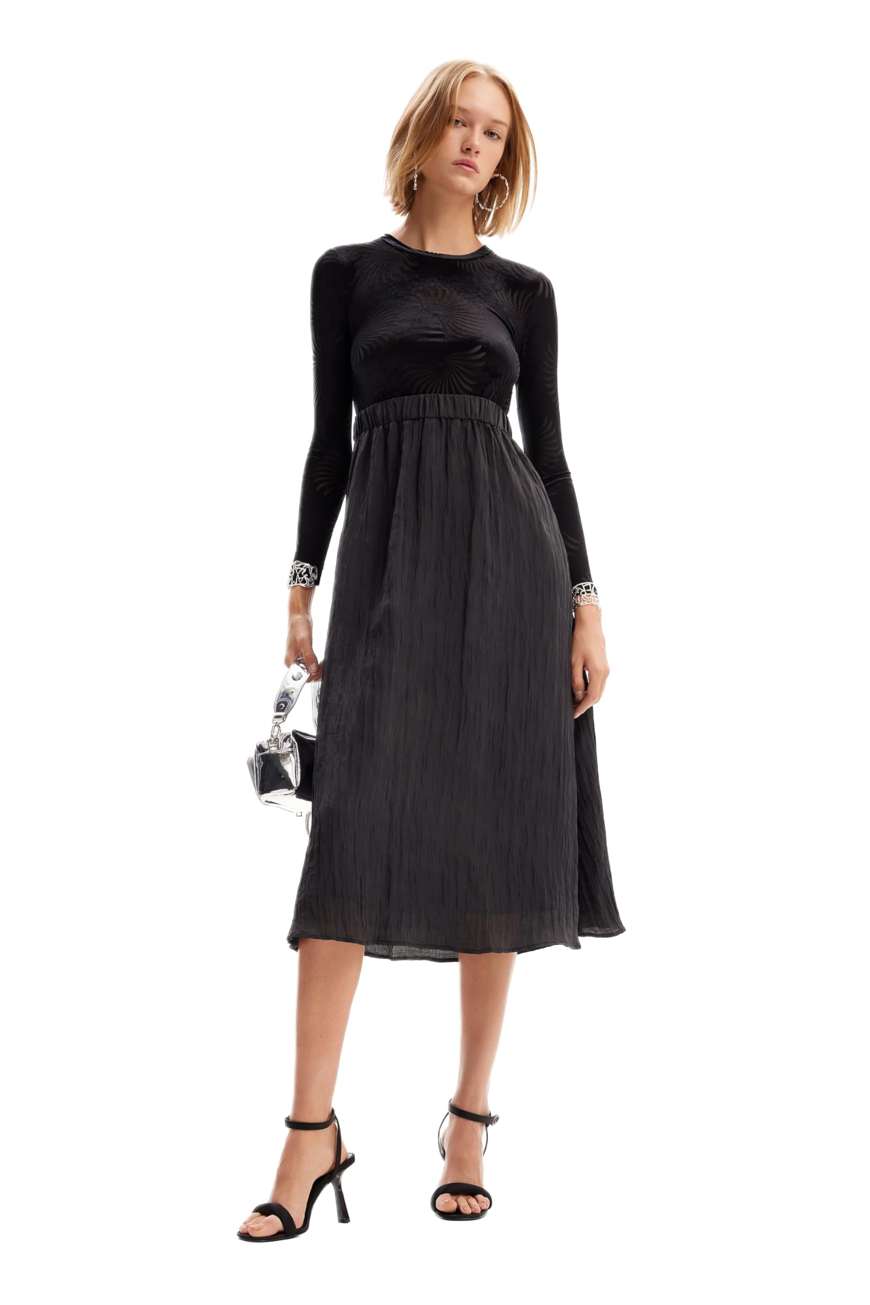 Desigual Mujer Negro Vestido Combinado Estampado, Xl