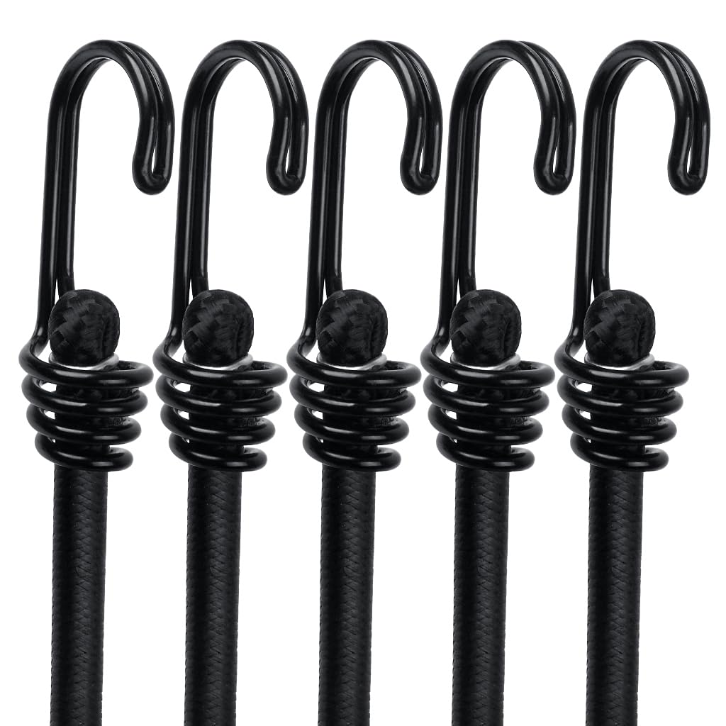 5-Pack Heavy Duty Bungee Cords with Hooks Weather Resistant Bungee Rope with Metal Double-J Hooks 8mm Thick Black Elastic Straps for Securing Luggage, Tarps, Tents and Outdoor Gear - 40"Long