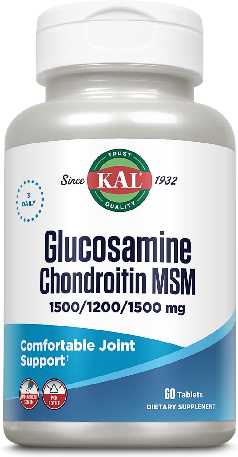 KAL Glucosamine Chondroitin MSM, Joint Support Supplement for Women and Men, 1500mg Glucosamine Sulfate, 1200mg Chondroitin, 1500mg MSM, Rapid Disintegration, 60-Day Guarantee, 20 Servings, 60 Tablets