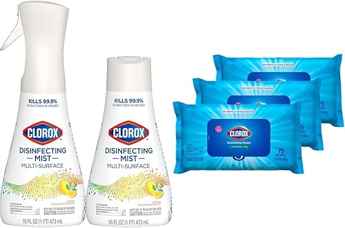 Clorox Paquete de limpieza desinfectante con aroma a limón y flor de naranja (1 botella de spray y 1 recarga, 16 onzas líquidas cada una) toallitas